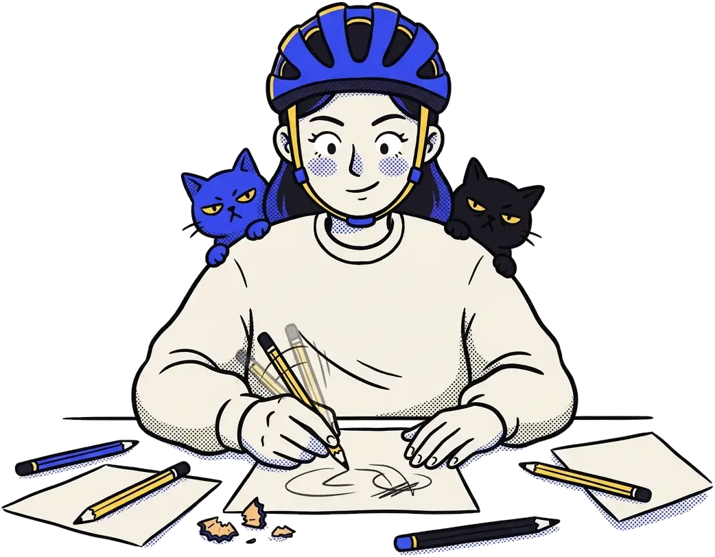 ترسم بقلم رصاص على ورقة، وحولها أقلام وبراية على المكتب، وخلف كتفيها القطتان.