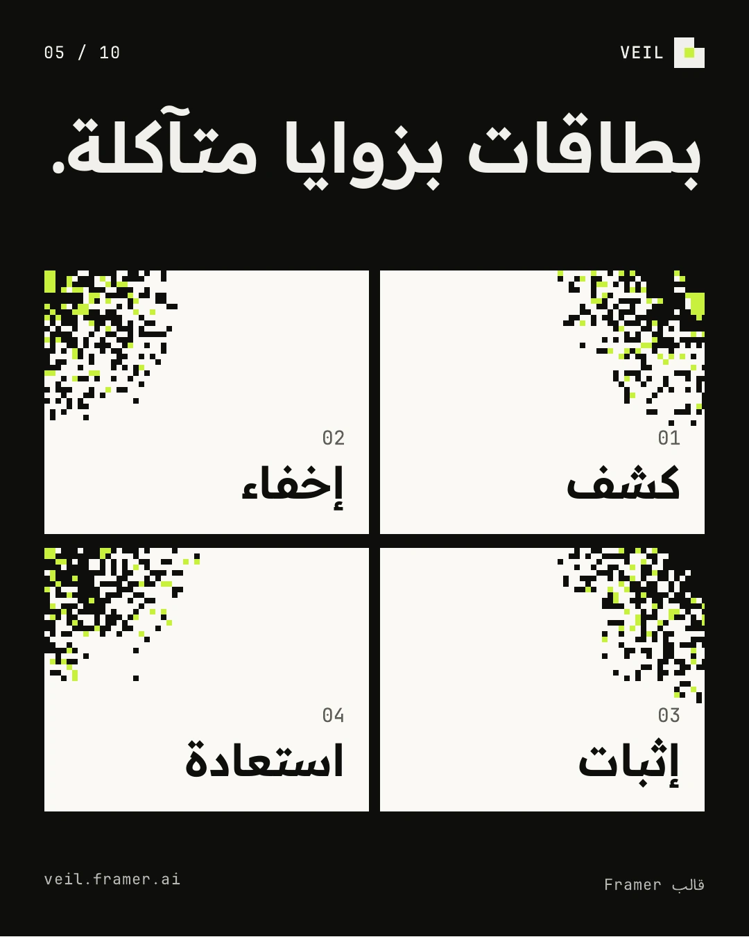 أربع بطاقات بيضاء على خلفية سوداء بعناوين كشف وإخفاء وإثبات واستعادة، وفي كل منها زاوية متآكلة من مربعات البكسل.